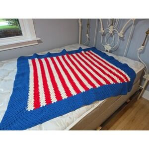 Crochet Afghan Blanket Throw Red White Blue Striped rectangle 55x49" Granny Core